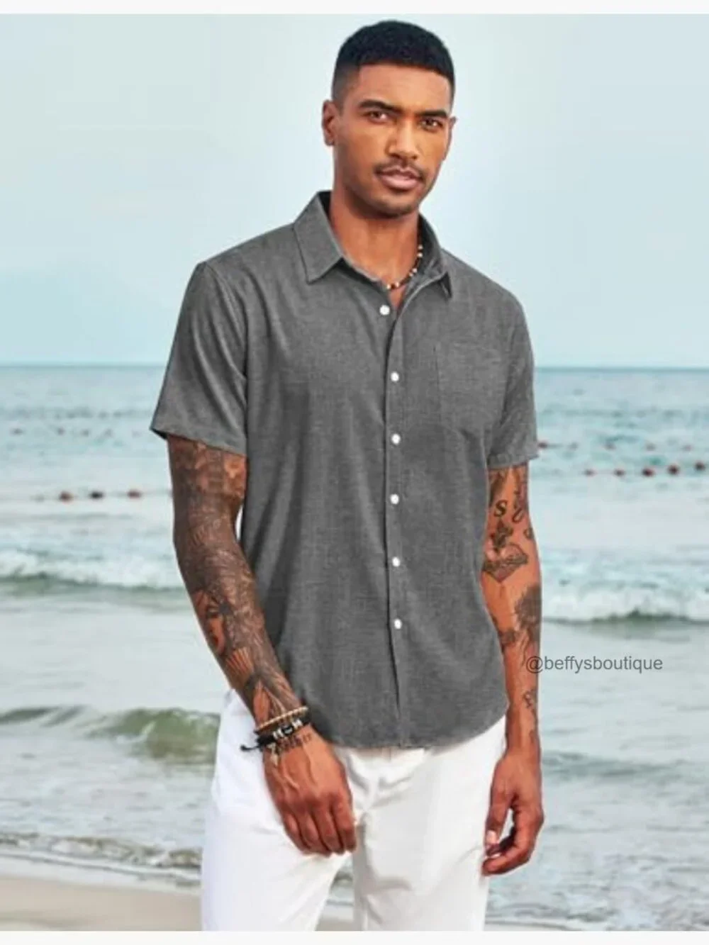 Men's Linen Button Down Shirt Short Sleeve Casual Summer Beach - Picture 3 of 7